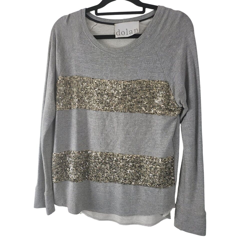 Dolan‎ Sweatshirt S Womens Grey Pullover Gold Sequin Long Sleeve Striped Top